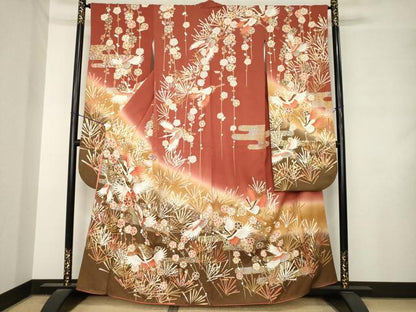 平和屋着物●豪華振袖　飛鶴花文　暈し染め　金彩　正絹　逸品　AABM2410ck
