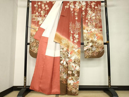 平和屋着物●豪華振袖　飛鶴花文　暈し染め　金彩　正絹　逸品　AABM2410ck