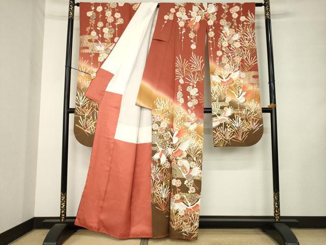 平和屋着物●豪華振袖　飛鶴花文　暈し染め　金彩　正絹　逸品　AABM2410ck