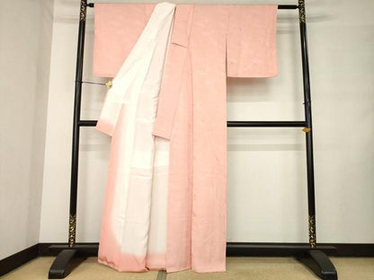 平和屋着物●上質な色無地　雲重ね地紋　珊瑚色　正絹　逸品　AABM2418ck