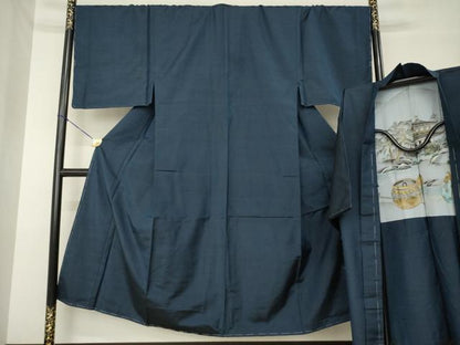 平和屋着物●男性　紬　アンサンブル　色無地　藍鉄色　キングサイズ　正絹　逸品　未使用　AABM2447ck