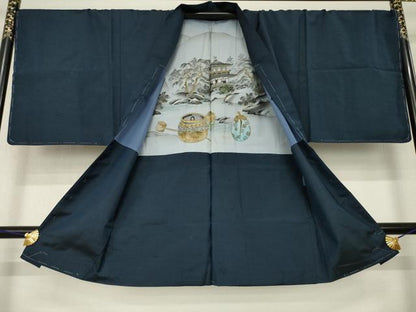 平和屋着物●男性　紬　アンサンブル　色無地　藍鉄色　キングサイズ　正絹　逸品　未使用　AABM2447ck