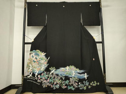 平和屋着物●豪華黒留袖　友禅　作家物　飛鶴風景花文　正絹　逸品　AABM2451ck