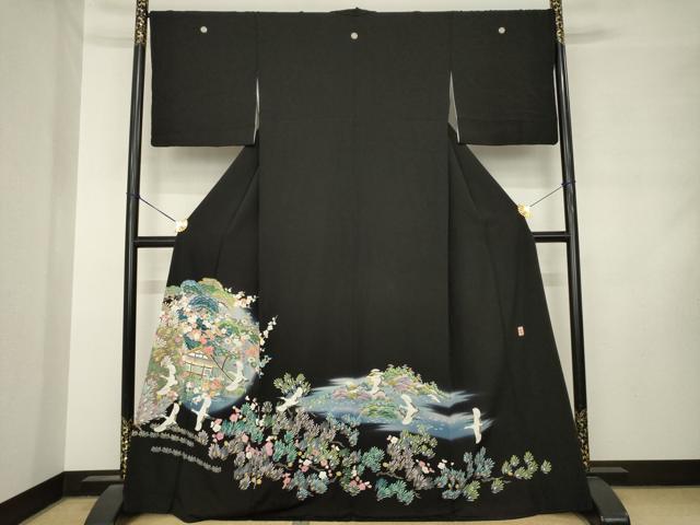 平和屋着物●豪華黒留袖　友禅　作家物　飛鶴風景花文　正絹　逸品　AABM2451ck