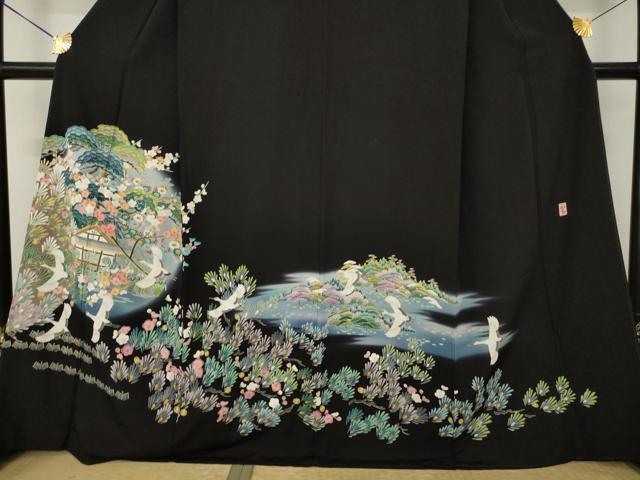 平和屋着物●豪華黒留袖　友禅　作家物　飛鶴風景花文　正絹　逸品　AABM2451ck