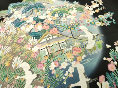 平和屋着物●豪華黒留袖　友禅　作家物　飛鶴風景花文　正絹　逸品　AABM2451ck