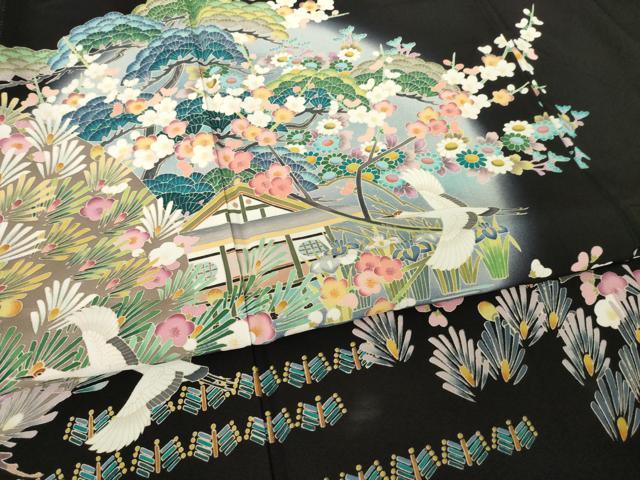 平和屋着物●豪華黒留袖　友禅　作家物　飛鶴風景花文　正絹　逸品　AABM2451ck