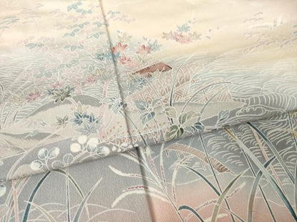 平和屋着物●訪問着　友禅　風景花文　暈し染め　正絹　逸品　AABM2466ck