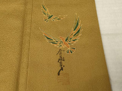 平和屋着物●染色作家　斉藤三才　色無地　桑茶色　正絹　逸品　AABM2472ck