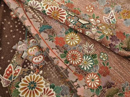 平和屋着物●上質な小紋　花蝶間道　金彩　正絹　逸品　AABM2473ck