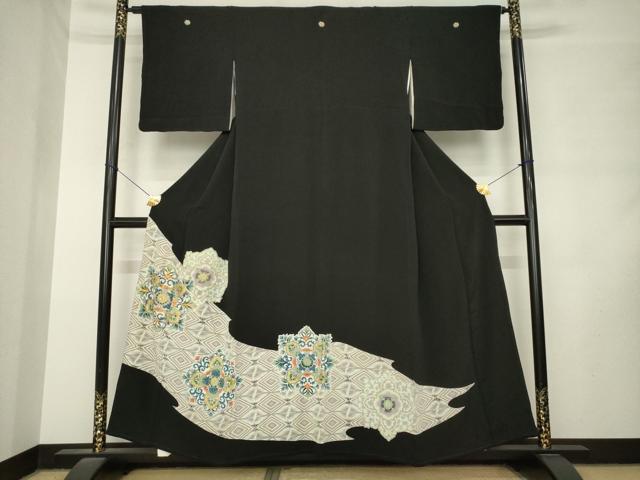 平和屋着物●豪華黒留袖　駒刺繍　双鶴飾花文　金彩　正絹　逸品　AABM2475ck
