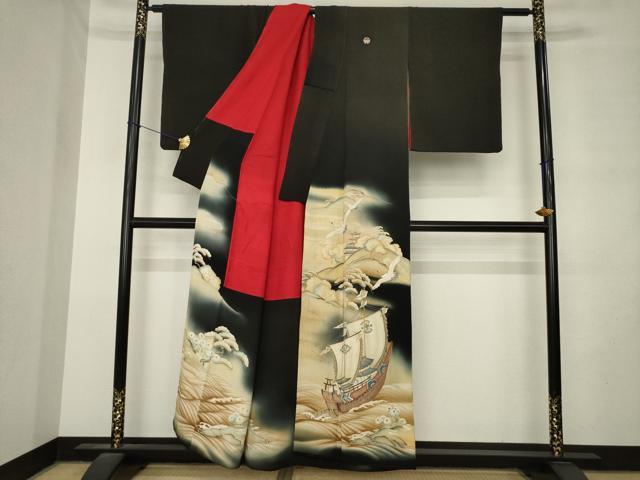 平和屋本店●アンティーク　大正ロマン　黒留袖　両褄　南蛮船　暈し染め　正絹　逸品　AABM2492ck