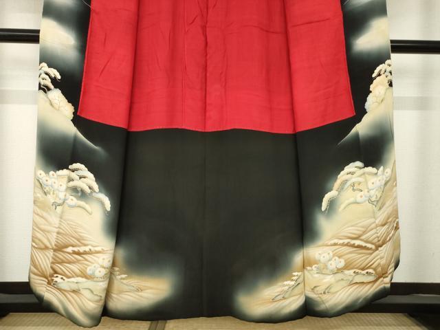平和屋本店●アンティーク　大正ロマン　黒留袖　両褄　南蛮船　暈し染め　正絹　逸品　AABM2492ck