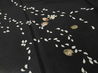 平和屋着物●鈴木嘉郎　訪問着　刺繍　花弁　暈し染め　黒地　金糸　金彩　正絹　逸品　AABM2503ck