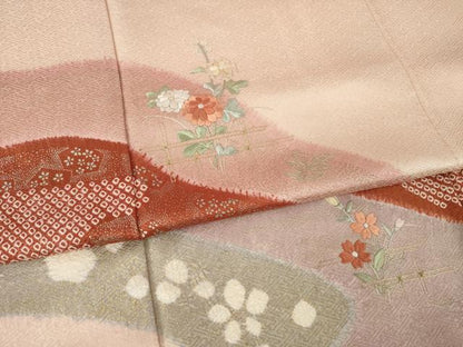 平和屋着物●訪問着　絞り　刺繍　流水花文　正絹　逸品　AABM2513ck
