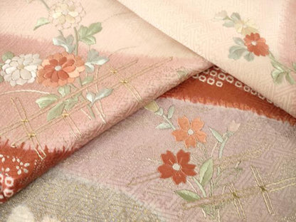 平和屋着物●訪問着　絞り　刺繍　流水花文　正絹　逸品　AABM2513ck