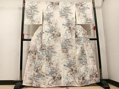 平和屋着物●上質な小紋　檜扇花文　金銀彩　正絹　逸品　AABM2552ph