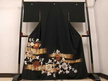 平和屋着物●豪華黒留袖　駒刺繍　草花文　金彩　正絹　逸品　AABM2563ph