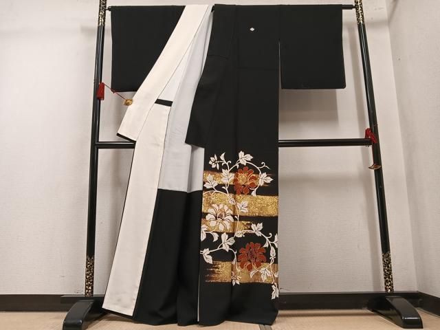 平和屋着物●豪華黒留袖　駒刺繍　草花文　金彩　正絹　逸品　AABM2563ph