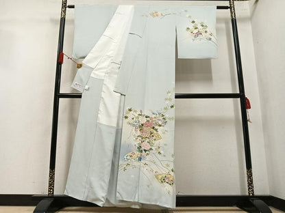 平和屋着物●訪問着　駒刺繍　地紙草花文　暈し染め　金彩　正絹　逸品　AABM2569ph