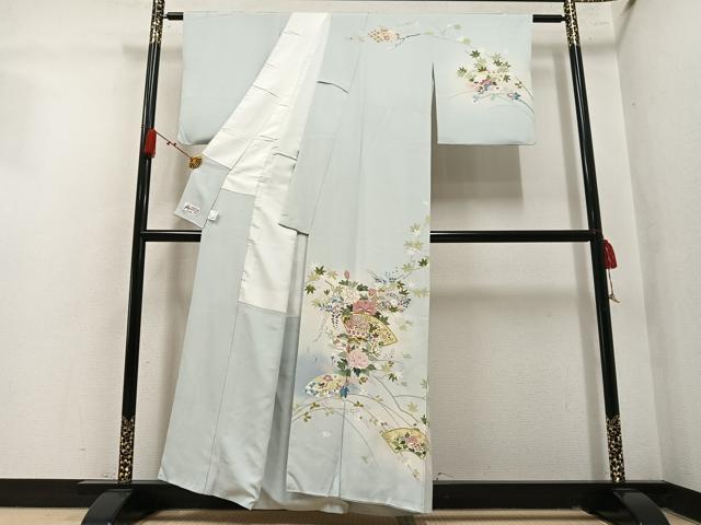 平和屋着物●訪問着　駒刺繍　地紙草花文　暈し染め　金彩　正絹　逸品　AABM2569ph