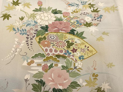 平和屋着物●訪問着　駒刺繍　地紙草花文　暈し染め　金彩　正絹　逸品　AABM2569ph