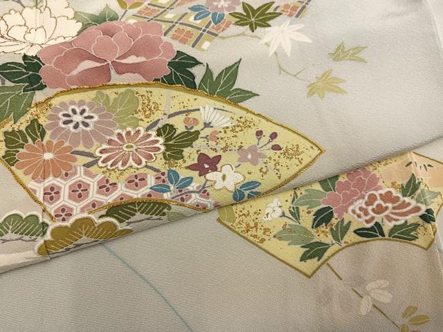 平和屋着物●訪問着　駒刺繍　地紙草花文　暈し染め　金彩　正絹　逸品　AABM2569ph
