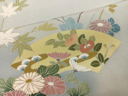 平和屋着物●訪問着　駒刺繍　地紙草花文　暈し染め　金彩　正絹　逸品　AABM2569ph