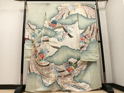 平和屋着物●豪華振袖　絞り　草花文　暈し染め　金彩　三越扱い　正絹　逸品　AABM2575ph