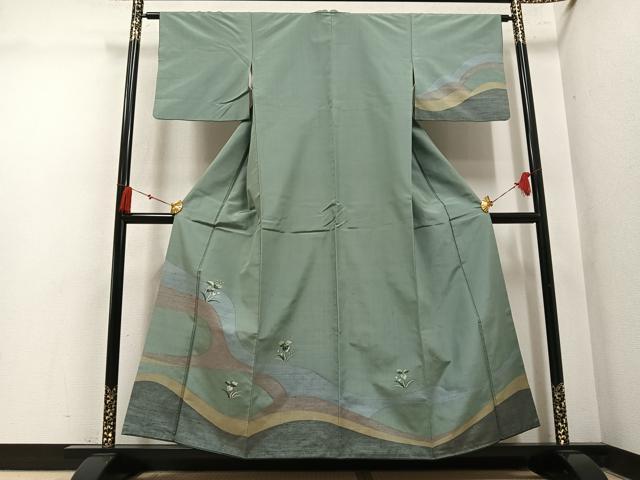 平和屋着物●訪問着　紬地　草花文　正絹　逸品　AABM2577ph
