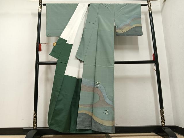 平和屋着物●訪問着　紬地　草花文　正絹　逸品　AABM2577ph