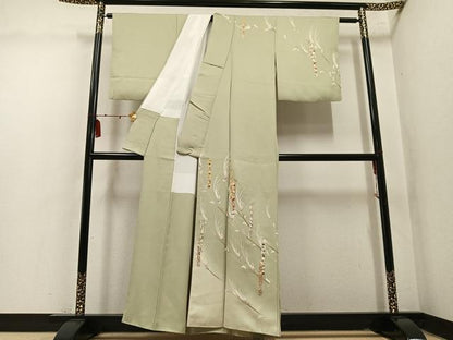 平和屋着物●訪問着　友禅　駒刺繍　草花文　金彩　正絹　逸品　AABM2584ph