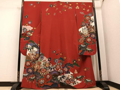 平和屋着物●豪華振袖　型染め　飛鶴草花文　正絹　逸品　AABM2638ph