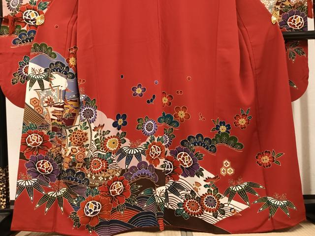 平和屋着物●豪華振袖　型染め　飛鶴草花文　正絹　逸品　AABM2638ph