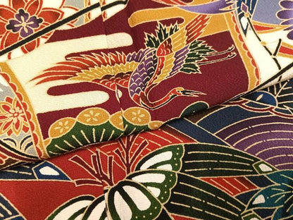 平和屋着物●豪華振袖　型染め　飛鶴草花文　正絹　逸品　AABM2638ph