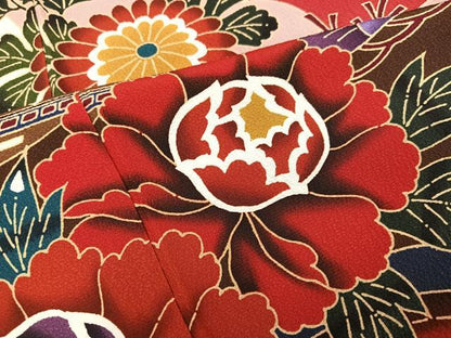 平和屋着物●豪華振袖　型染め　飛鶴草花文　正絹　逸品　AABM2638ph