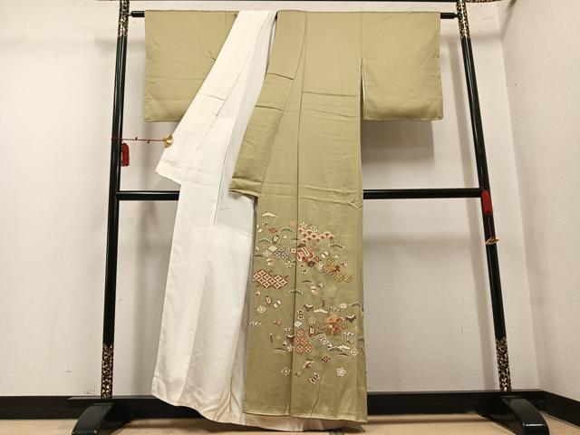 平和屋着物●豪華色留袖　刺繍　吉祥草花宝尽くし　正絹　逸品　AABM2640ph