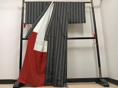 平和屋着物●本場縞大島紬　間道　正絹　逸品　AABM2644ph