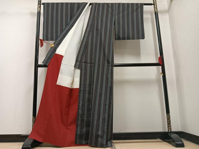 平和屋着物●本場縞大島紬　間道　正絹　逸品　AABM2644ph