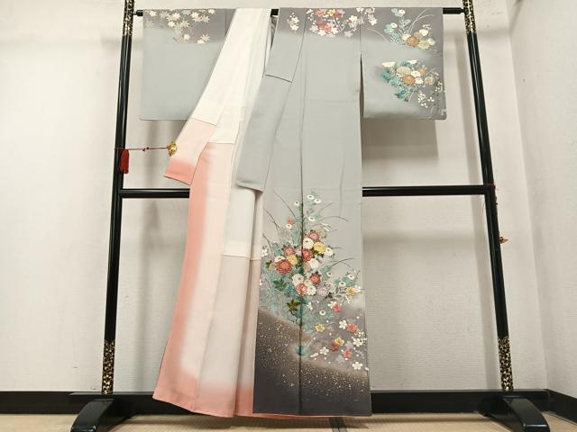 平和屋着物●英王室献上友禅作家　木下勝功　訪問着　刺繍　草花文　暈し染め　金銀彩　正絹　逸品　AABM2656ph
