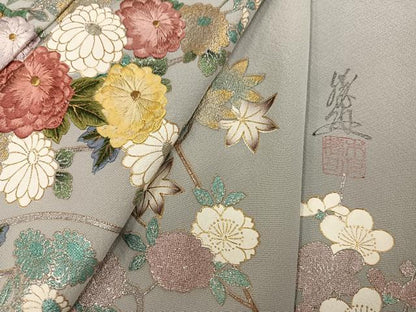 平和屋着物●英王室献上友禅作家　木下勝功　訪問着　刺繍　草花文　暈し染め　金銀彩　正絹　逸品　AABM2656ph