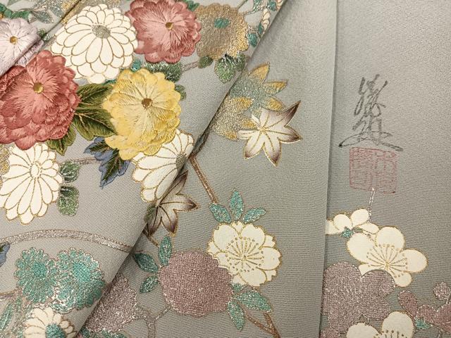 平和屋着物●英王室献上友禅作家　木下勝功　訪問着　刺繍　草花文　暈し染め　金銀彩　正絹　逸品　AABM2656ph