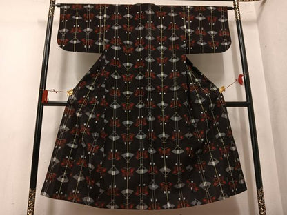 平和屋着物●久留米絣　単衣　扇面舞蝶文　綿　逸品　AABM2669ph