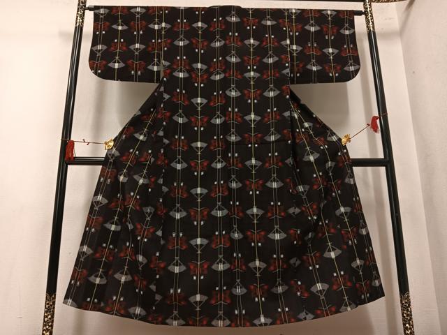 平和屋着物●久留米絣　単衣　扇面舞蝶文　綿　逸品　AABM2669ph