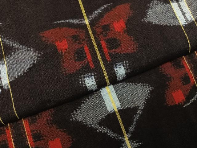 平和屋着物●久留米絣　単衣　扇面舞蝶文　綿　逸品　AABM2669ph