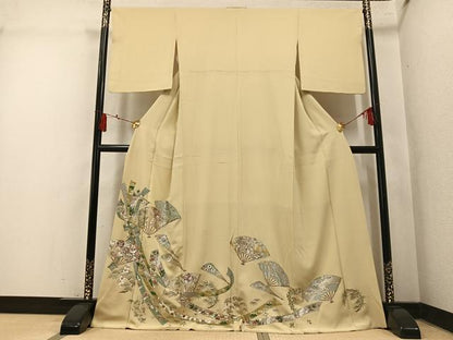 平和屋着物●色留訪問着　御所車扇面飛鶴草花文　金銀彩　さが美扱い　正絹　逸品　AABM2671ph