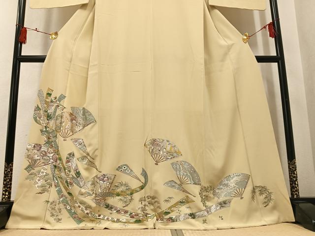 平和屋着物●色留訪問着　御所車扇面飛鶴草花文　金銀彩　さが美扱い　正絹　逸品　AABM2671ph