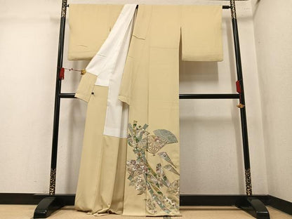 平和屋着物●色留訪問着　御所車扇面飛鶴草花文　金銀彩　さが美扱い　正絹　逸品　AABM2671ph