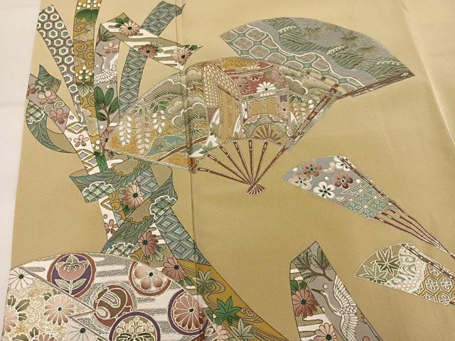 平和屋着物●色留訪問着　御所車扇面飛鶴草花文　金銀彩　さが美扱い　正絹　逸品　AABM2671ph