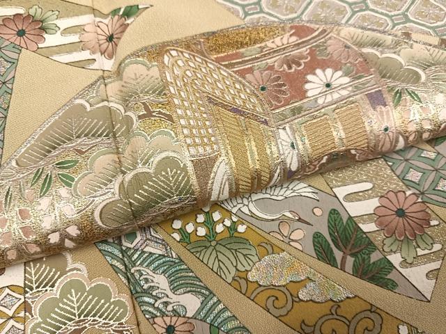 平和屋着物●色留訪問着　御所車扇面飛鶴草花文　金銀彩　さが美扱い　正絹　逸品　AABM2671ph